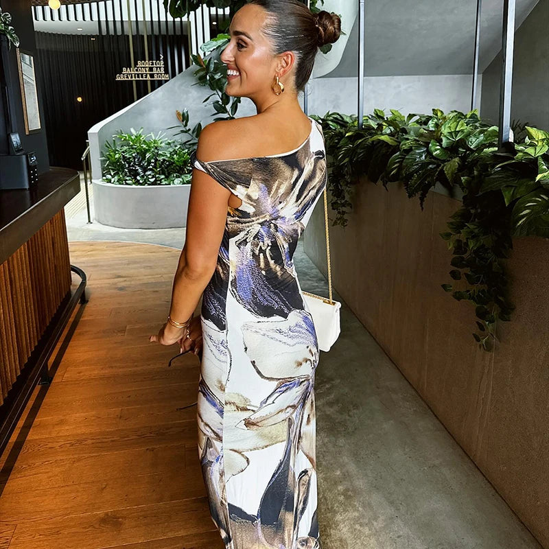 Classic Wedding Dresses with Lace-up Detail for Vintage Feel -Lunivop Abstract Floral Print One Shoulder Long Dresses Elegant Sexy Wedding Party Summer Dress For Women 2024