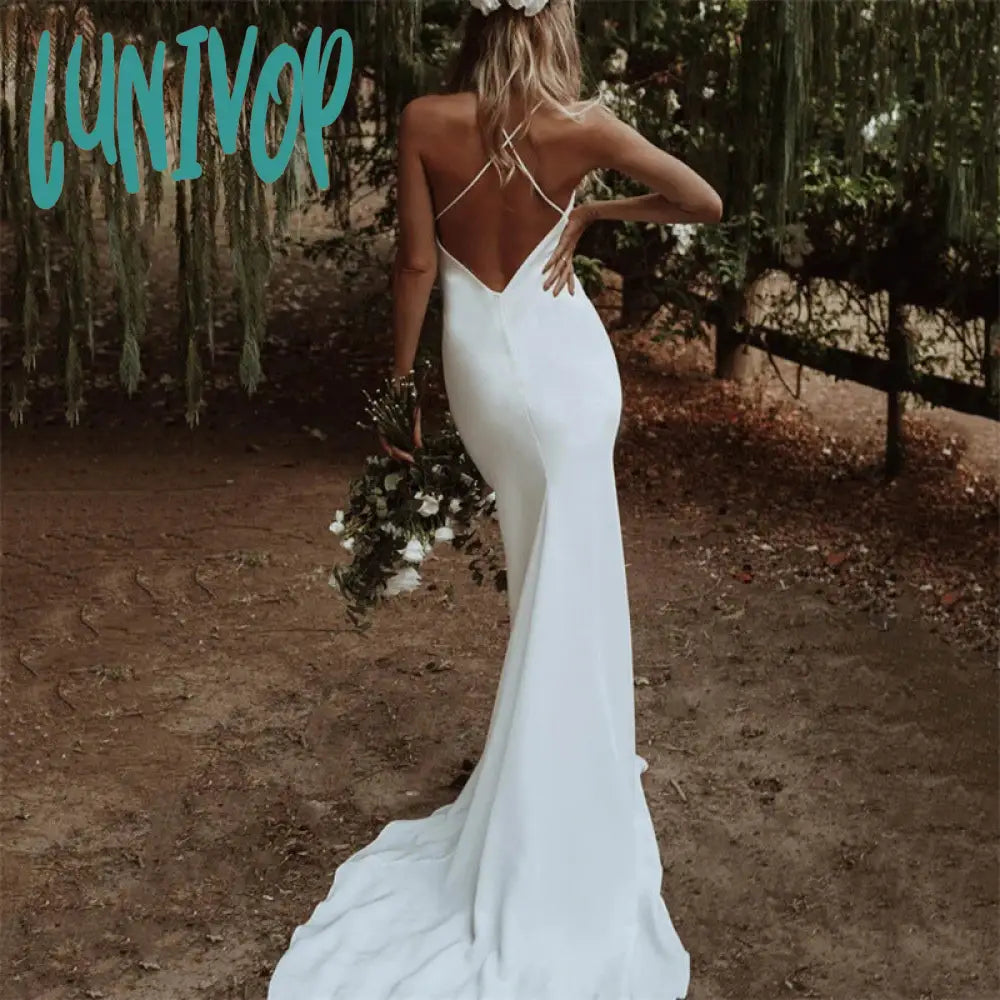 Bridal Dresses with Lace V-Neck for Sophisticated Look -Lunivop cherry blossom dress to impress New Wedding Dress White Sexy V-neck Sleeveless Backless Bridal Gown Simple Slim Fishtail Long Autumn