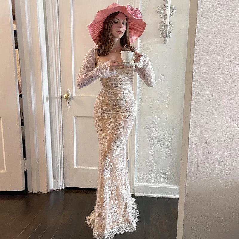 Full-Skirted Wedding Dresses with Lace for a Soft, Romantic Look -Lunivop Elegant Wedding Lace Zipper Slit Spaghetti Dress Long Sleeve Cap Two Piece Set Party Ladies Y2K Casual Clothing