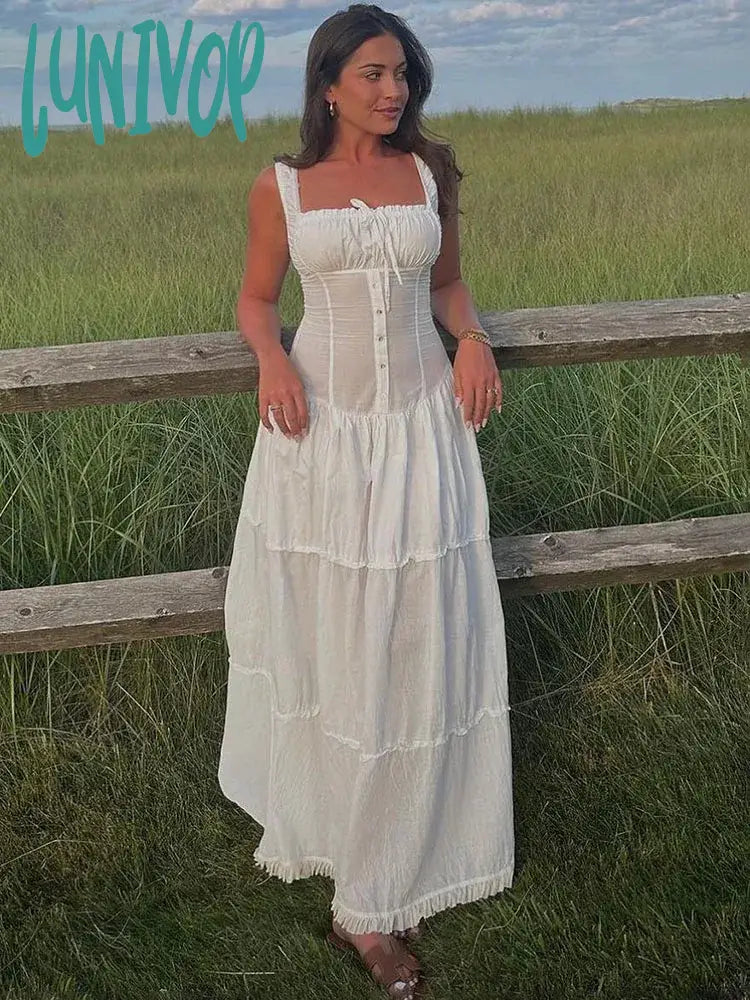 Satin Wedding Dresses with Lace Overlay for Beautiful Contrast -Lunivop Lace Up Slim Maxi Dresses For Women High Waist Corset Dress Womens Whitewedding Holiday Elegant Fashion Folds Dress Woman