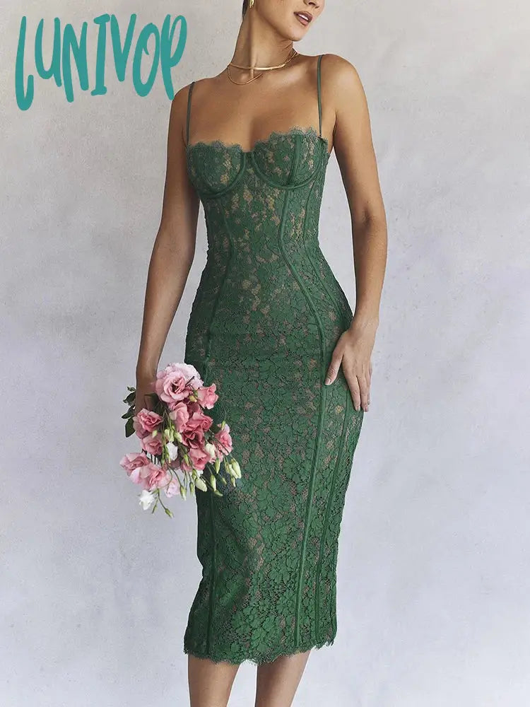 Beaded Wedding Dresses for a Sparkling Effect -Lunivop Midi Green Dress Elegant Sexy Night Wedding Guest Evening Party Dresses Spaghetti Strap Birthday Dress for Women