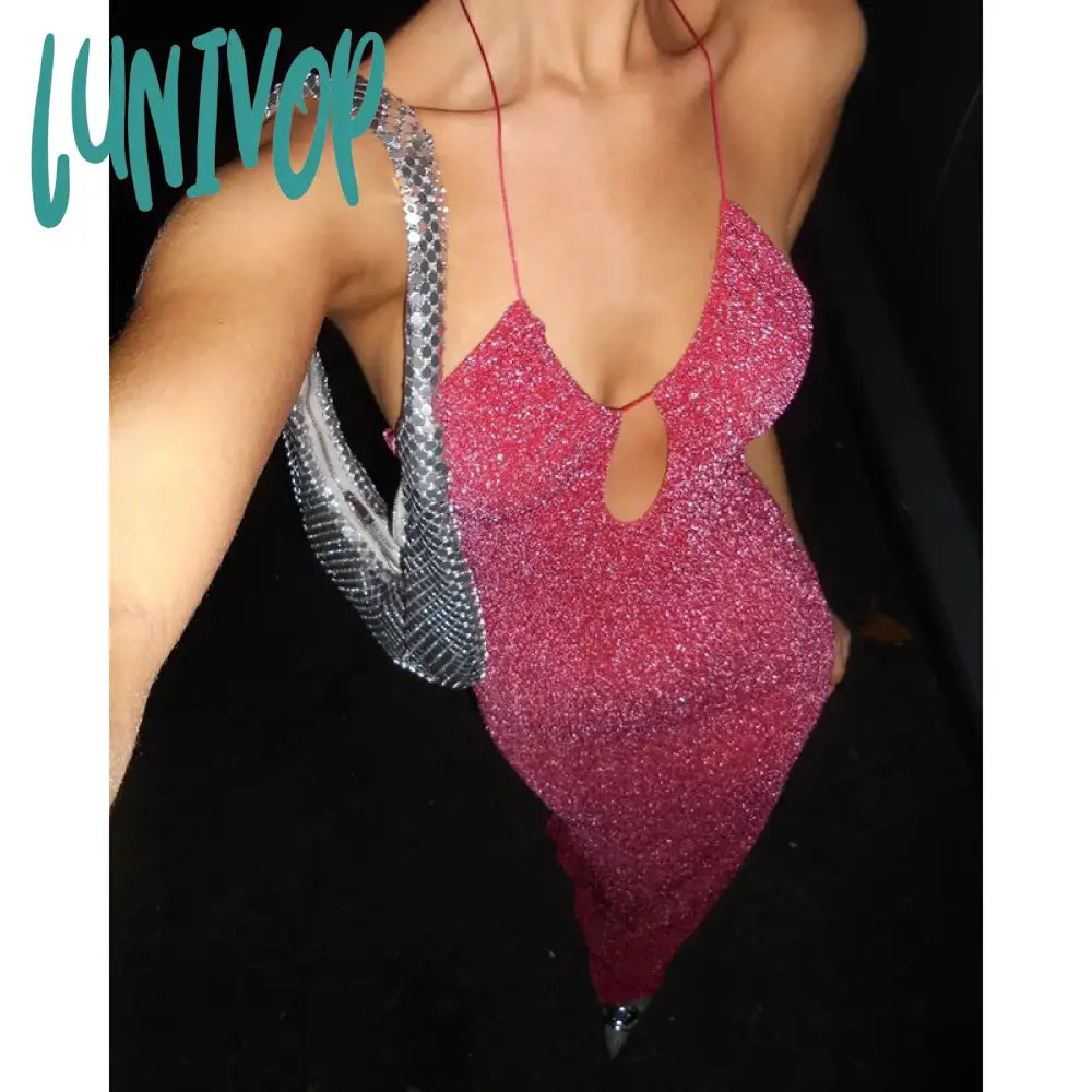 Satin Wedding Dresses with Side Slit for Added Sensuality -Lunivop Pink Sequined Halter Prom Maxi Dress Evening Party  Hollow Out Glitter Beaded Tie-back Slit Long Dress Sexy Wedding Guest