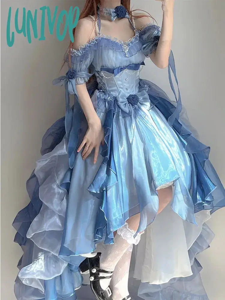 Wedding Dresses with Off-the-Shoulder Lace for Romantic Style -Lunivop Prom Blue Flower Wedding Dress College Dress Dress Lolita Heavy Industry Trailing Umbrella Princess Party Birthday Dress for Women