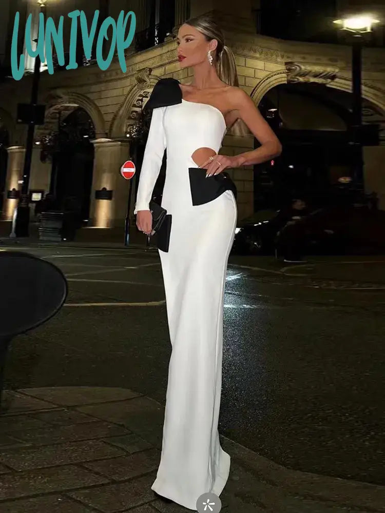 Wedding Dresses with Sheer Details for a Subtle Appeal -Lunivop Sexy Bow Tie One Shoulder Long Sleeve Women Bandage Dress Wedding Birthday Evening Cocktail Party Prom Formal Occasion Robes