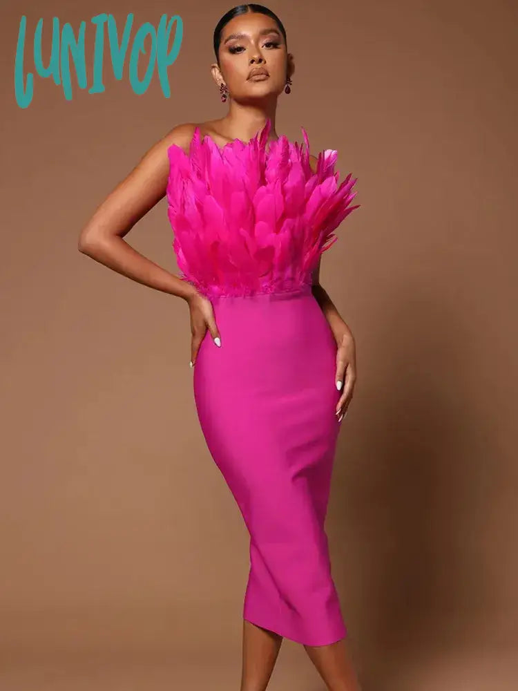 Romantic Wedding Dresses with Lace Sleeves for a Feminine Touch -Lunivop Sexy Feather Bandage Dress Vestidos Para Mujer Wedding Birthday Party Night Cocktail Club Dresses On Sales With Free Shipping