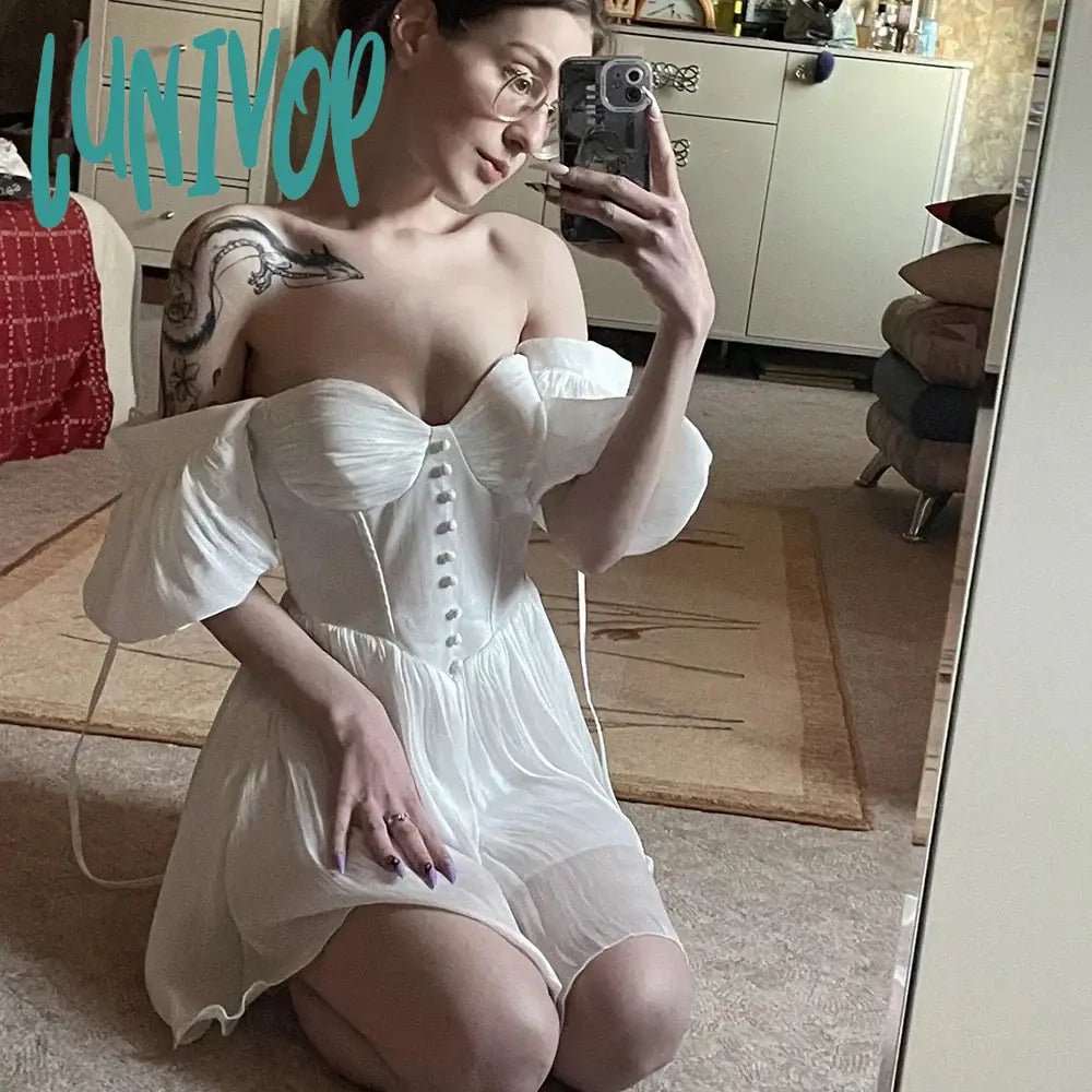 Modern Wedding Dresses with Illusion Neckline for Chic Look -Lunivop Shimmer Organza Mini Length Sweetheart Ruched Wedding Dress Custom Made Plus Size Short Puff Sleeves Buttons Bridal Gowns