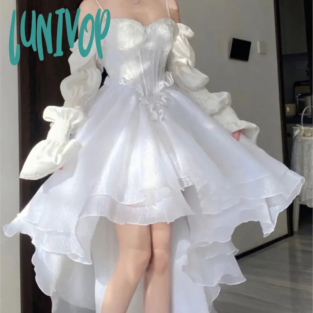 Luxe Wedding Dresses with Silk Train for Dramatic Effect -Lunivop Spring Elegant White Off Shoulder Fairy Dress Chic Princess Puff Dress Mesh Puff Dress Wedding Party Porm Dress