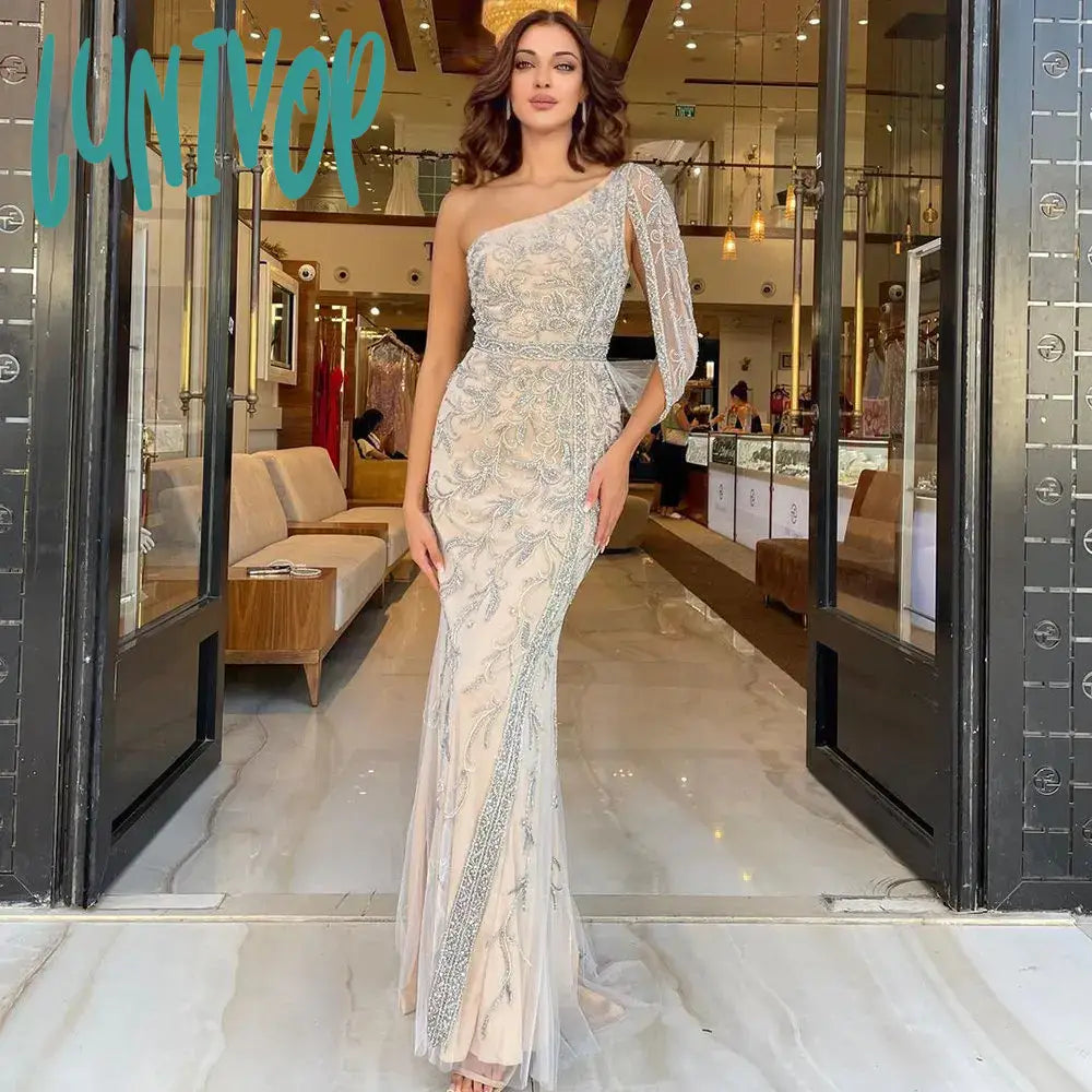 Wedding Dresses with Satin Train for Glamorous Effect -Lunivop Vintage Silver Wedding Dress One Shoulder Art Evening Gown Hand Beaded Off Shoulder Wedding Reception Gown