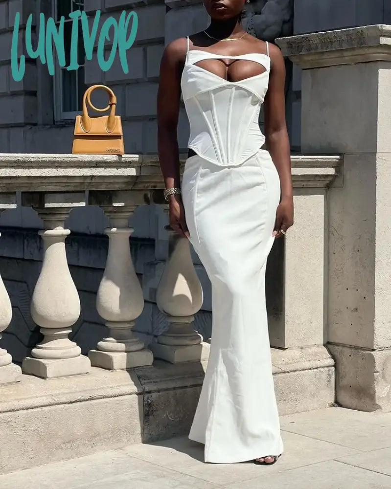 Wedding Dresses with Crystal Accents for a Touch of Luxury -Lunivop White Evening Prom Dress Cut Out Wedding Party Dresses Sleeveless Long Formal Occasion Dresses Elegant Summer Dress Women