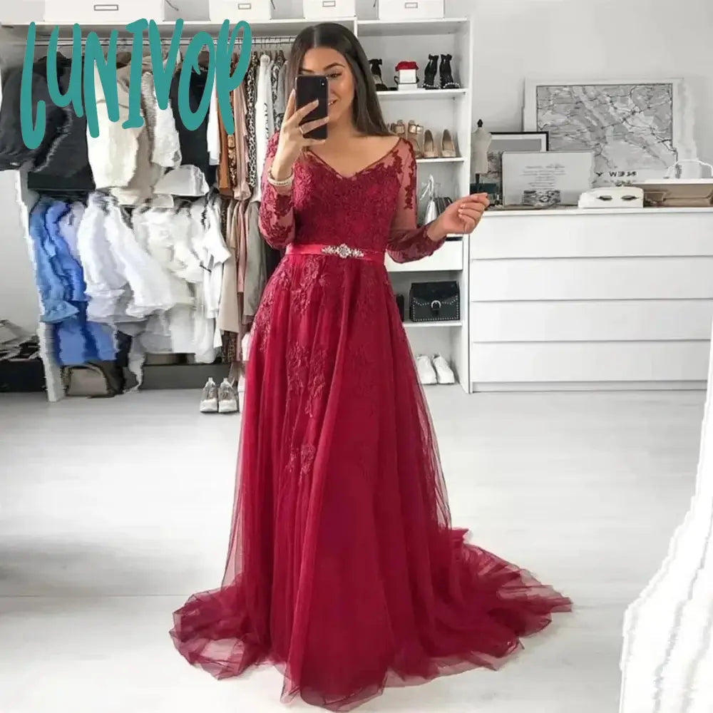 Wedding Dresses with Intricate Beading for Sparkling Effect -Lunivop Wine Red Prom Dresses 2024 A Line V Neck Lace Applique Long Sleeves Women Formal Evening Party Gowns Wedding robes de soirée