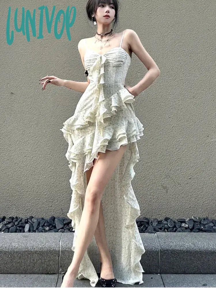 Bridal Dresses with Sheer Skirt for Feminine Look -Lunivop Y2K Spaghetti Strap Irregular Dress Women Layered Ruffles Slim Sexy Party Dress Spring New Prom Robe Wedding Vestidos Mujer
