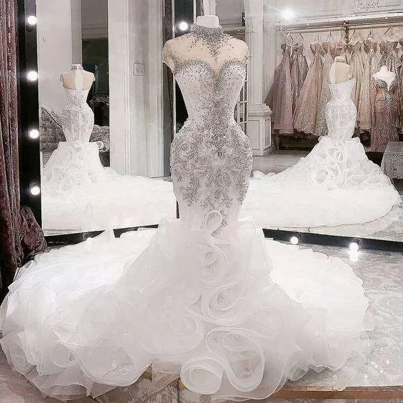 Wedding Dresses with Off-the-Shoulder Sleeves for Romantic Touch -Mermaid Wedding Gown , Luxury Beaded Prom Dress gh1884