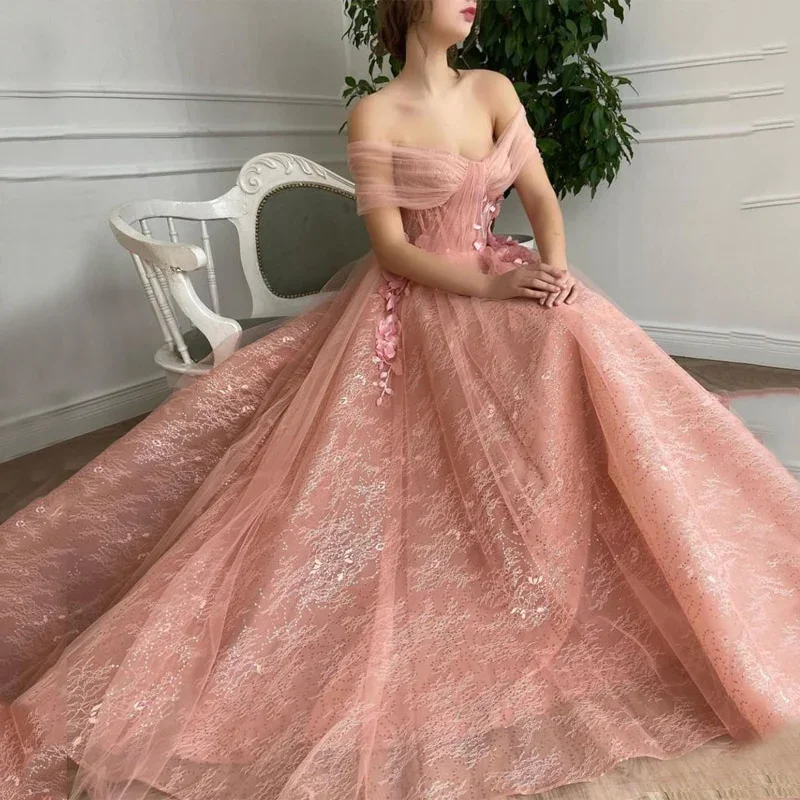 Wedding Dresses with Sweetheart Neckline for Romantic Appeal -Off Shoulder Sweetheart 3D Flower Pleats Lace Pocket Tulle Prom Dresses Formal Wedding Party Gowns  gh2189