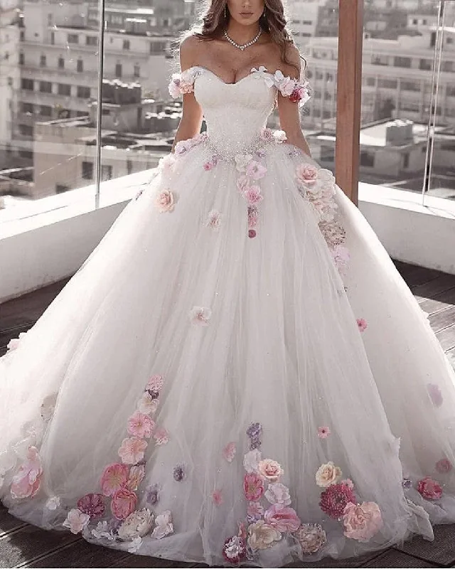 Couture Wedding Dresses with Tailored Fit for Perfection -Off Shoulder Tulle Ball Gown Wedding Dresses Floral Flowers Beaded gh2191