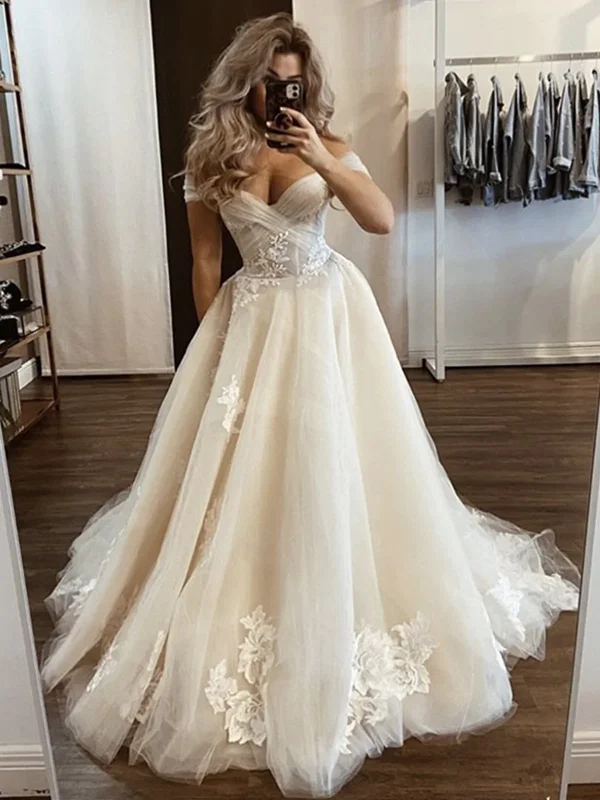 Vintage Bridal Gowns with Lace and Satin for Timeless Romance -Off The Shoulder Champagne Wedding Dresses, Off Shoulder Champagne Floral Prom Dresses gh2068