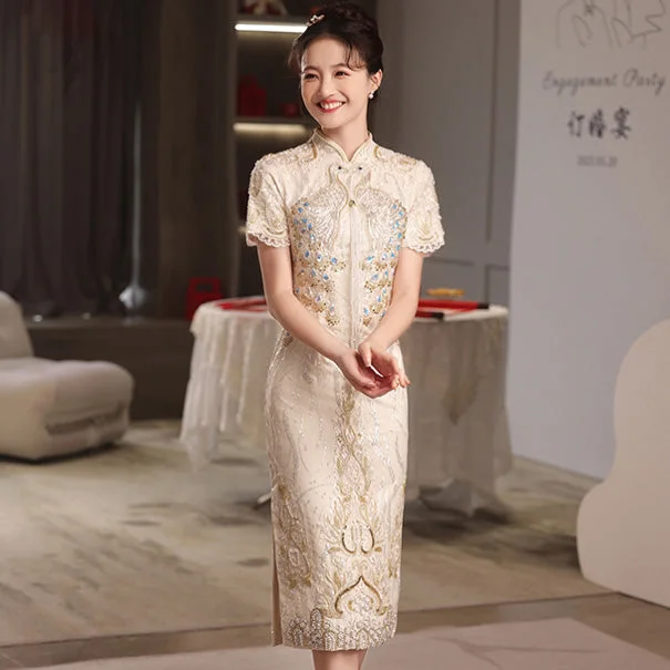 Floral Cheongsam Dresses for Women -Peacock Sequin & Lace-Trim Elegant Cheongsam Toasting Dress Wedding Gown