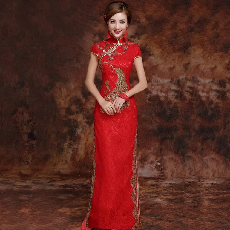 Cheongsam for Bridesmaids -Phoenix Embroidery Brocade Cheongsam Chinese Wedding Dress Cheongsam for Bridesmaids -Phoenix Embroidery Brocade Cheongsam Chinese Wedding Dress