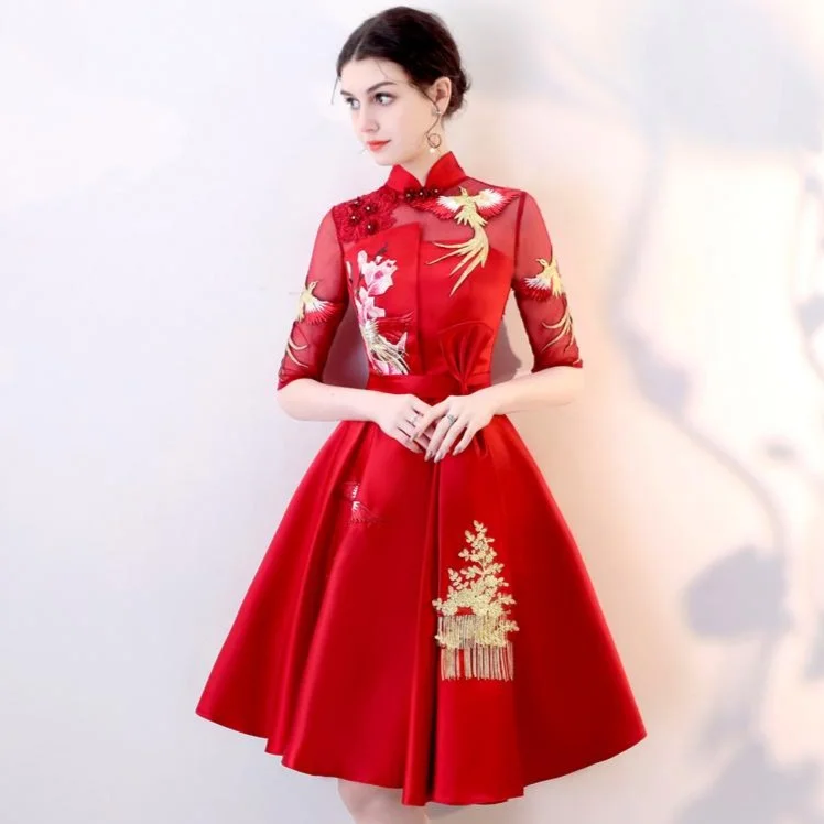 Simple Wedding Dresses with Long Sleeve for Modesty -Pleated Skirt Short Chinese Wedding Party Dress with Phoenix Appliques