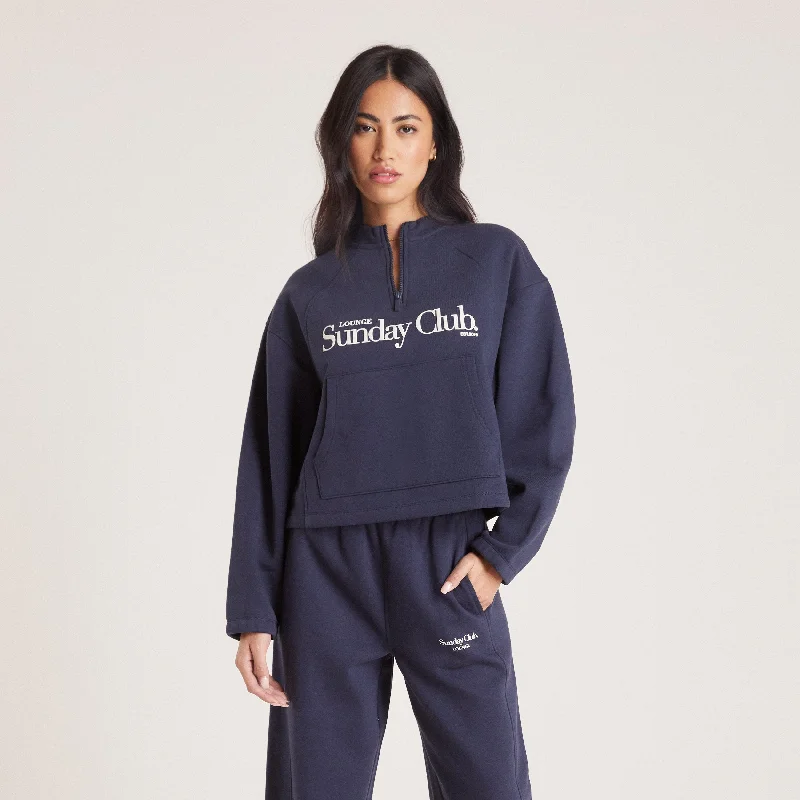 Women's Knit Sweater with Split Neck -Quarter Zip Sweater - Ink Blue