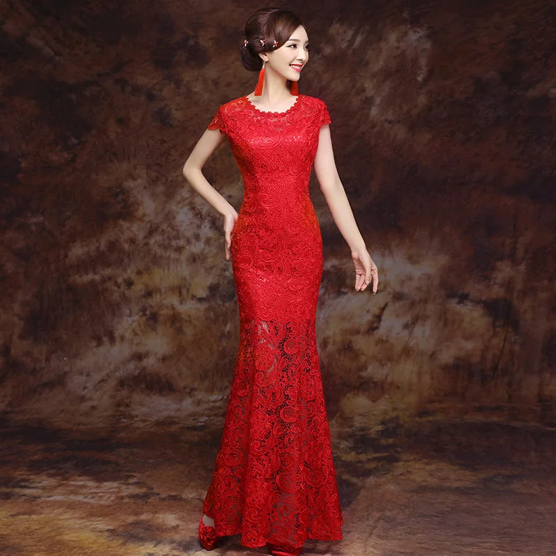 Strapless Wedding Gowns with Embellishments for Glamorous Touch -Round Neck Cap Sleeve Mermaid Chinese Wedding Dress