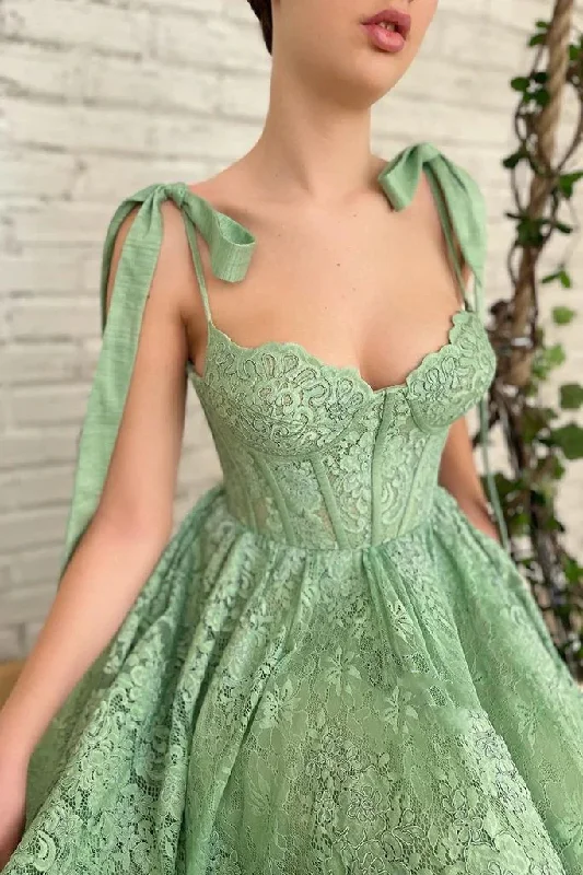 Wedding Dresses with Chiffon Skirt for Flowing Elegance -Sage Green Tea Length Lace Corset Wedding Guest Dress Prom Dress gh1821