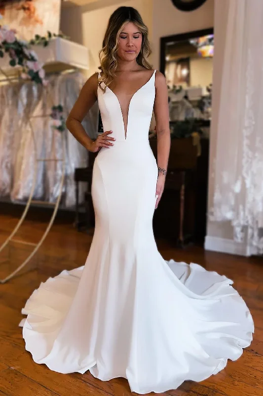 Wedding Dresses with Pleated Skirt for Elegant Volume -Simple White Mermaid Backless Boho Wedding Dress gh2635