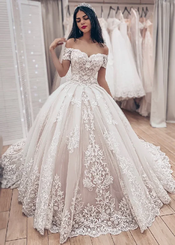 Soft Wedding Dresses with Vintage Lace for Timeless Charm -New Off-the-Shoulder Lace Bridal Wedding Dresses gh2604