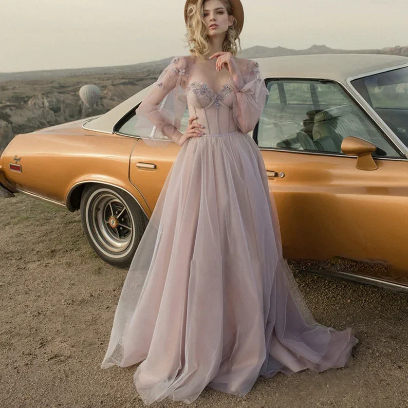 Wedding Dresses with Empire Waist for Flattering Fit -Sweetheart Neckline Lilac Tulle A-line Exposed Boning Wedding Dress Long Sleeves with 3D Flowers Bridal Dress gh2642