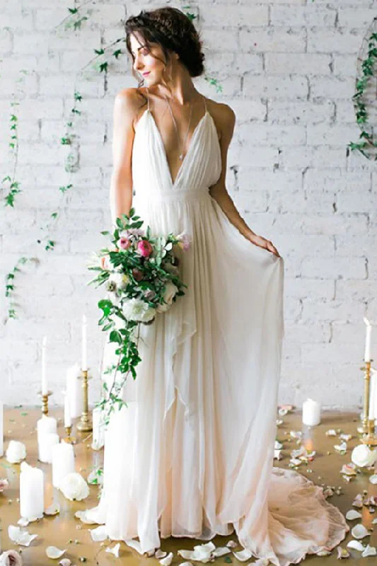 Satin Bridal Gowns for Simple Luxury -Sexy A-Line Deep V-Neck Backless Chiffon Boho Wedding Dresses with Pleats gh2519