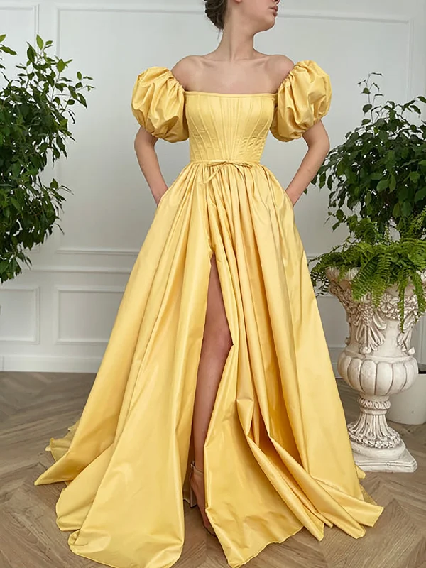 High-Low Wedding Dresses for Trendy Brides -Vintage Fairy Corset Dress, A line Straight Long Yellow Taffeta Prom Dress Ball Gown, Short Sleeve Wedding Ball Gown Prom Dress with Slit gh2420
