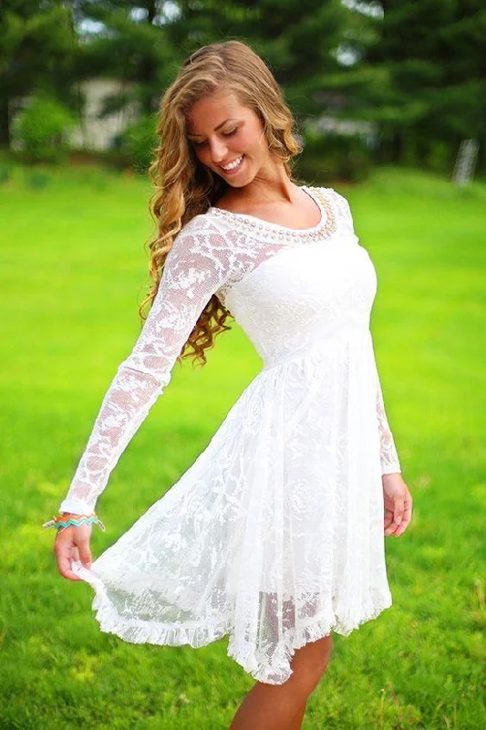 Lace Wedding Dresses with Illusion Sleeves for Romantic Style -White homecoming dress with long sleeves, short beach wedding dress gh1723