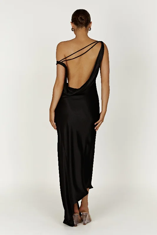 Slim Fit Slip Dress -Satin Green Slip Dress for Casual Wear -Yvette Slip Maxi Dress With Asymmetrical Hem - Black Slim Fit Slip Dress -Satin Green Slip Dress for Casual Wear -Yvette Slip Maxi Dress With Asymmetrical Hem - Black