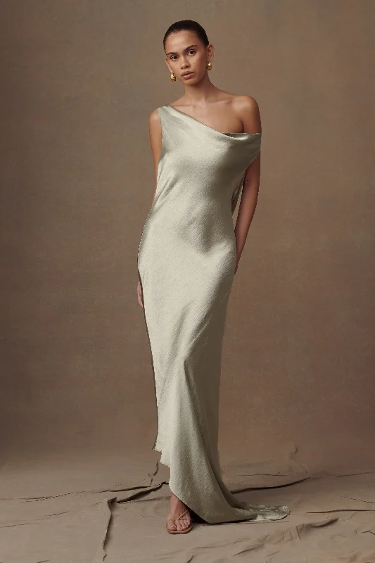 Luxury Satin Slip Dress for Bridesmaid -Slip Dress with Floral Embroidery -Yvette Slip Maxi Dress With Asymmetrical Hem - Sage Luxury Satin Slip Dress for Bridesmaid -Slip Dress with Floral Embroidery -Yvette Slip Maxi Dress With Asymmetrical Hem - Sage
