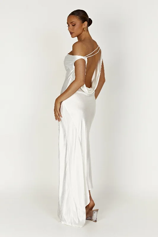 Chic Slip Dress for Summer -Women's Off-shoulder Slip Dress for Party -Yvette Slip Maxi Dress With Asymmetrical Hem - White Chic Slip Dress for Summer -Women's Off-shoulder Slip Dress for Party -Yvette Slip Maxi Dress With Asymmetrical Hem - White