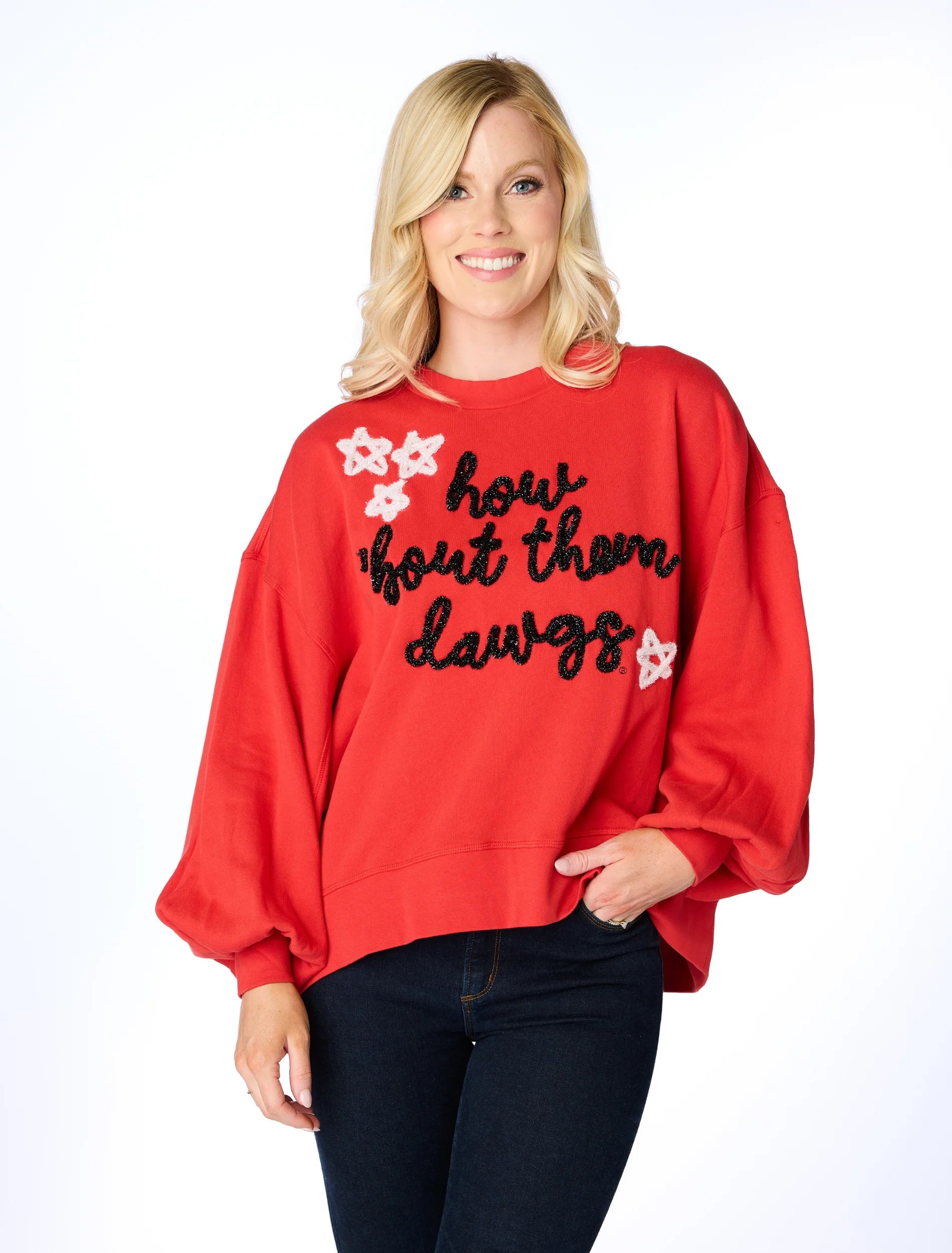 Women's Soft Cashmere Pullover Sweater for Winter-Stewart Simmons The How Bout Them Dawgs Glitter Script Balloon Pullover Women's Soft Cashmere Pullover Sweater for Winter-Stewart Simmons The How Bout Them Dawgs Glitter Script Balloon Pullover