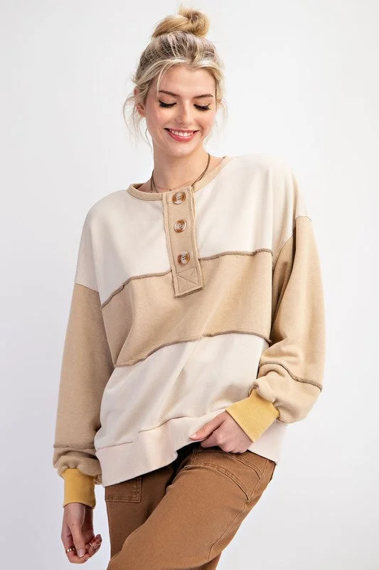 Women's Soft Knit Pullover Sweater with Drawstring-Color Block Terry Knit Pullover