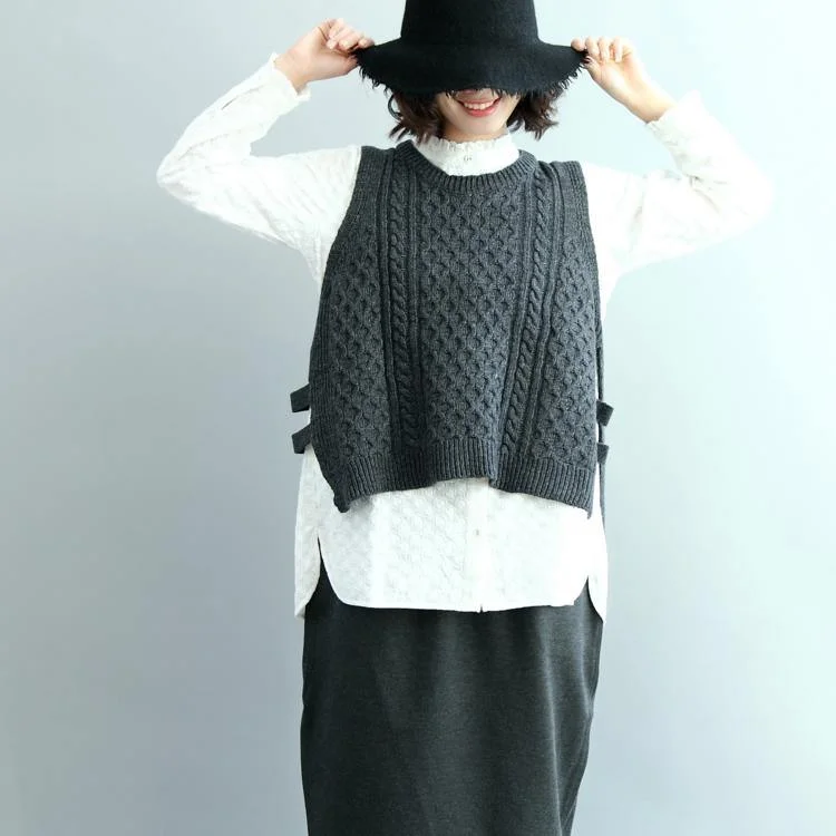 Women's Long Sleeve Shirts -2018 gray knit sweaters trendy oversize side open sleeveless tops casual low high design blouse