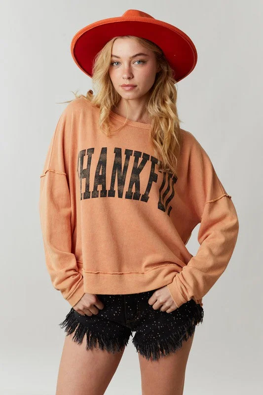 Women's Sweater with Flared Sleeves-Thankful Print Washed Top
