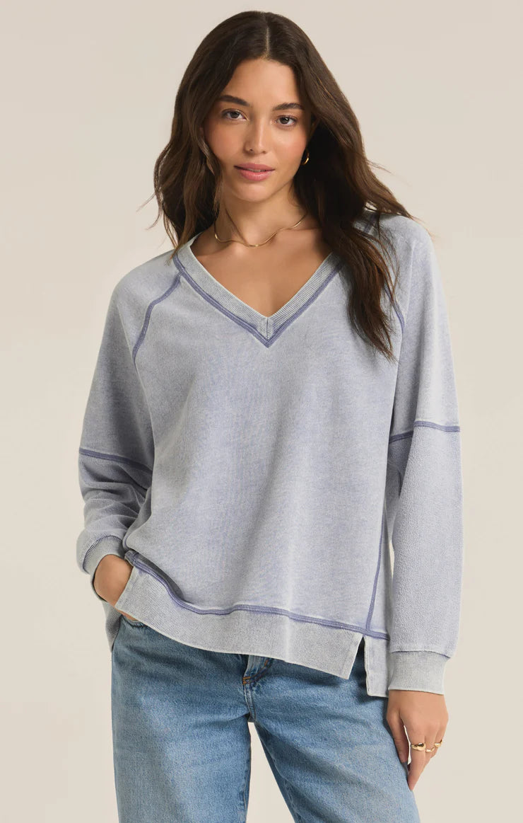 Women's Sweater with Cuffed Sleeves-Z Supply Easy V-Neck Knit Denim Sweatshirt