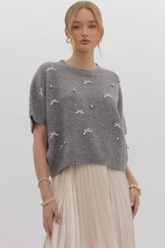 Women's Sweater with Sparkly Accents-Bows & Pearl Sweater Top