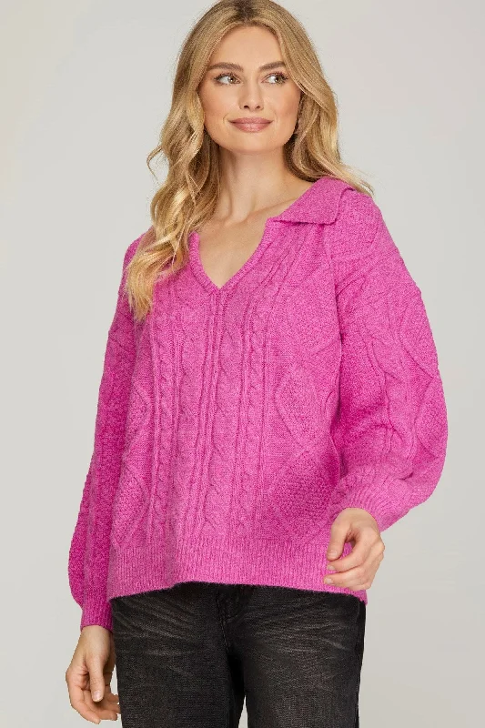 Women's Sweater with Diamond Detail-Long Sleeve Collar Cable Knit Sweater