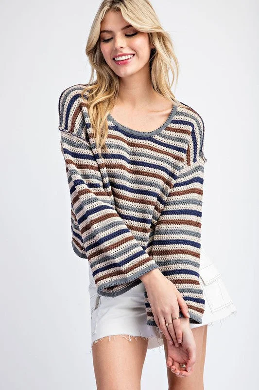 Women's Sweater with Colorful Details-Striped Crochet Knit Long Sleeve Sweater