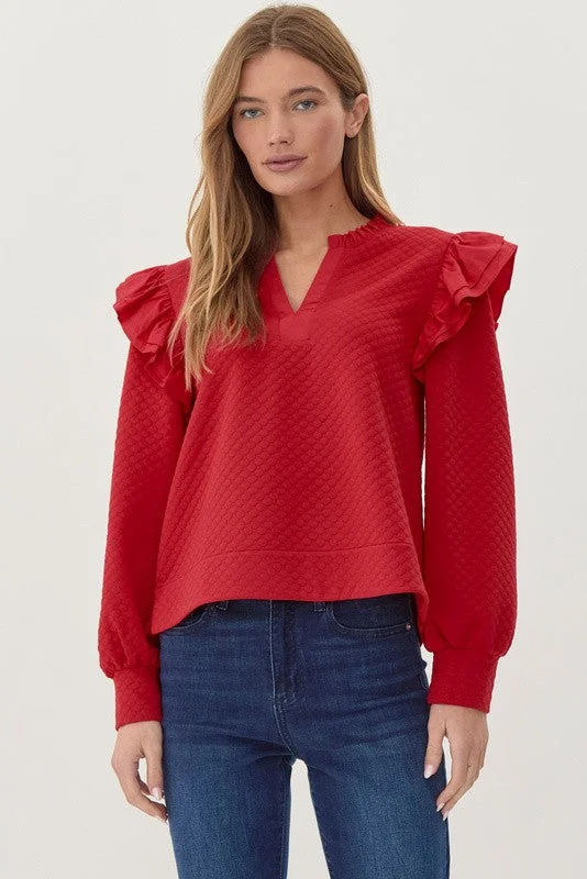 Women's Sweater with Relaxed Style-Textured ruffly Shoulder Top