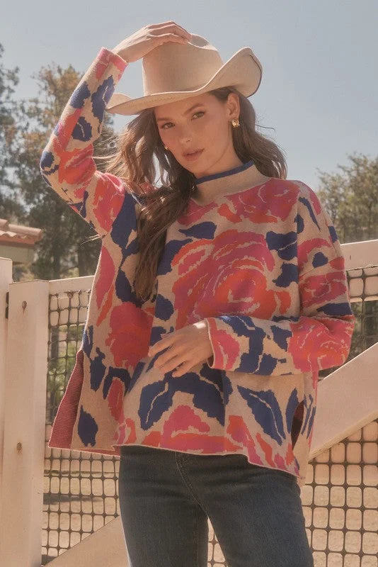 Women's Modern Wool Pullovers Sweater-Flower Print Knit Pullover Sweater
