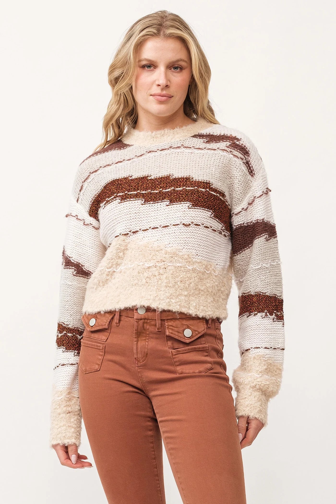 Women's Sweater with Stylish Edges-Dear John Gabriela Crew Neck Long Sleeve Relaxed Fit Sweater Toasted Gingerbread