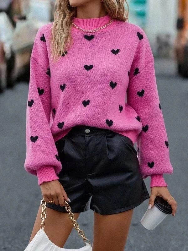 Women's Sweater for Comfortable Travel-All Over Heart Sweater