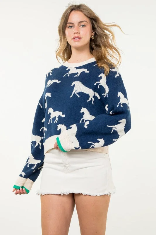 Cropped Women's Sweater-Knit Horse Sweater