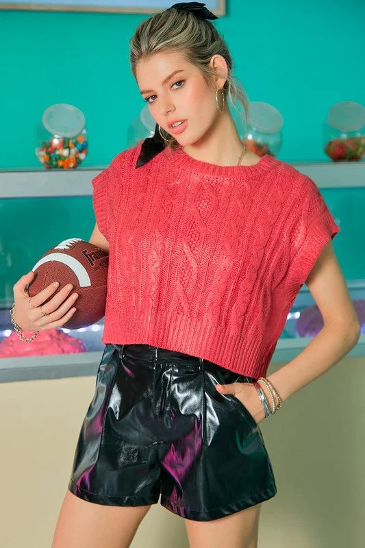 Women's Sweater for Luxurious Comfort-Metallic Printed Rount Neck Slvless Sweater Top