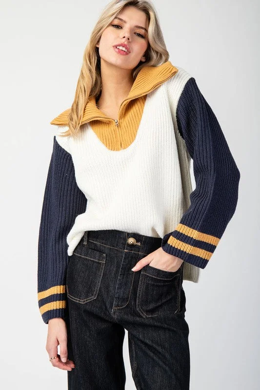Women's Woolen Pullover Sweater with Color Block-Sailor Collar Sweater Pullover Top