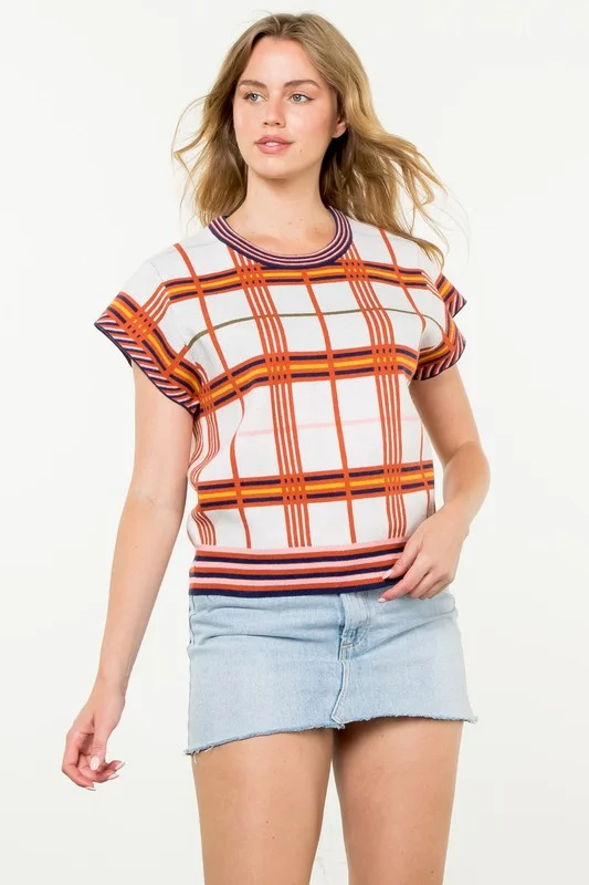 Women's Sweater with Versatile Design-Short Sleeve Plaid Top
